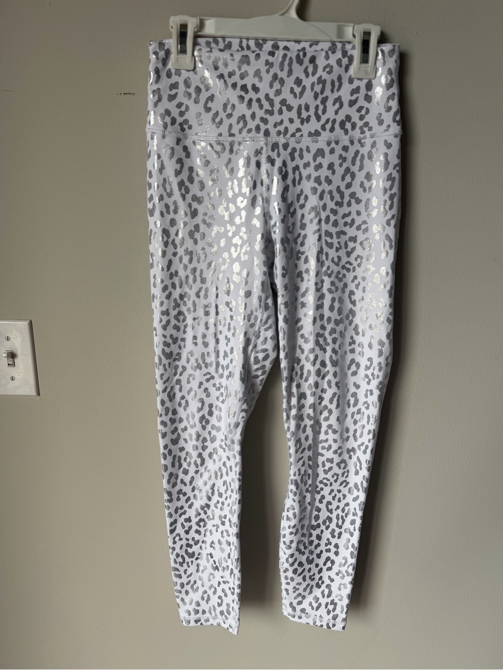 Fabletics White Leggings with Silver Leopard Print